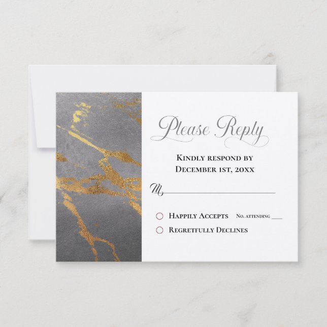 Carte Répondre, RSVP Grey tendance avec Gold Marbling (Devant)