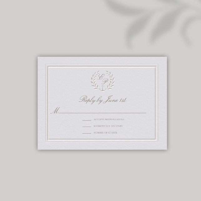 Carte Réponse du Mariage d'Ancres nautiques embarqué Fau (nautical wedding RSVP modern classic formal traditional faux embossed anchor crest monograms)
