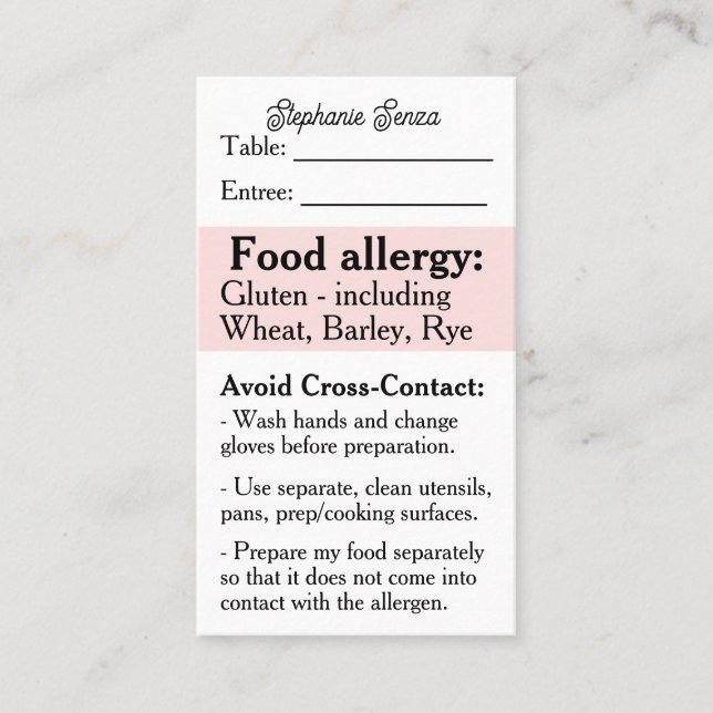 Carte restaurant d'allergie au gluten, Celiac salu (Devant)