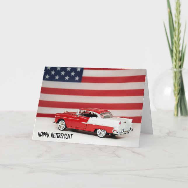 Carte Retraite 1955 Chevy Car et Drapeau (Devant)