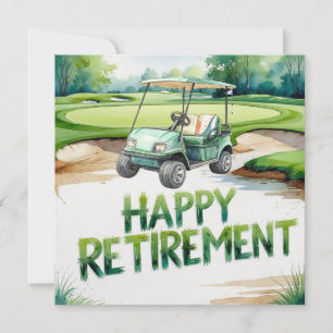 Carte Retraite de golf avec voiturette de golf sur le pu