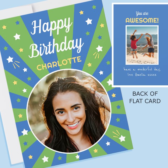 Carte Retro Anniversaire Personnalisé Nom 2 Photo Bleu V (Créateur téléchargé)