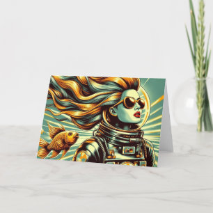 Carte Rétro astronaute féminine et poisson Toute l'occas