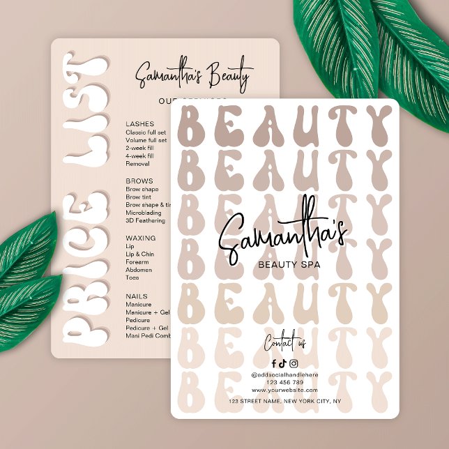 Carte Retro Beige Moderne Nails Spa Salon de cheveux Tar (Trendy beige and white beauty business pricing menu featuring retro style groovy fonts)