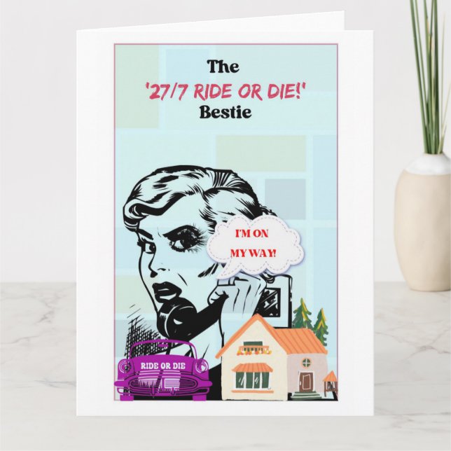 Carte Retro Bestie, Best Friend, Funny Galentine’s Card (Devant)