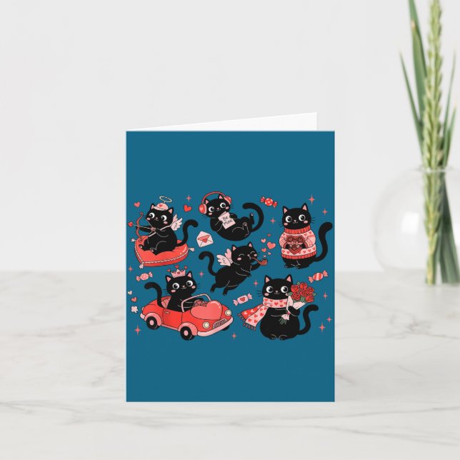 Carte Retro Black Cat Heart Valentines Day Cute Kitten L (Devant)