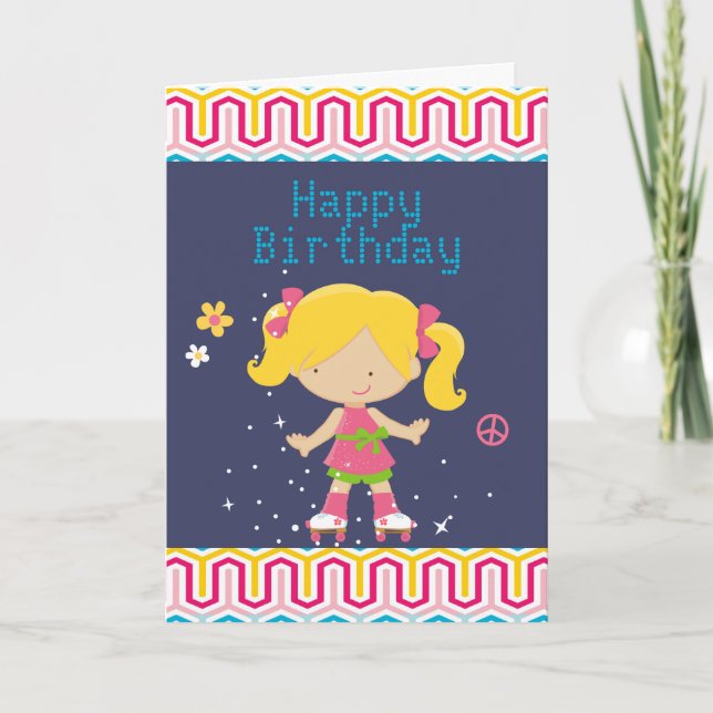 Carte Retro Blonde Roller Patinage Anniversaire (Devant)