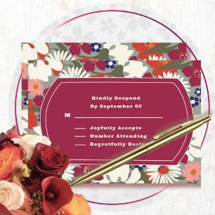 Carte Retro Boho Chic Floral Bourgogne Mariage RSVP