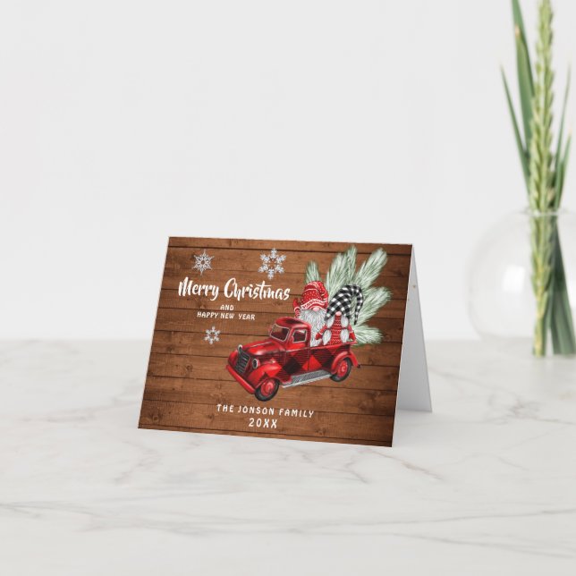 Carte Retro Buffalo Red Truck Gnomes Rustique Noël (Devant)