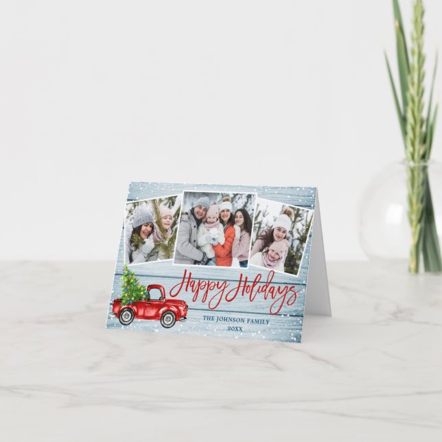 Carte Retro Christmas Red Truck 3 PHOTO Salutation Holid (Devant)