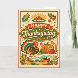 Carte Retro Farmhouse Happy Thanksgiving Turkey Harvest