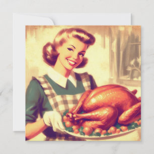 Carte Rétro femme au foyer avec Thanksgiving Turquie Vin