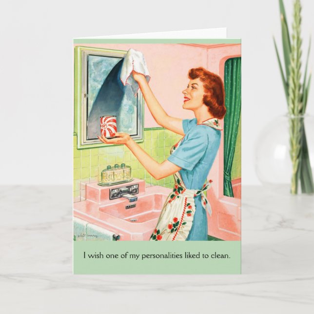 Carte Rétro femme au foyer - n'aime pas le nettoyage, (Devant)