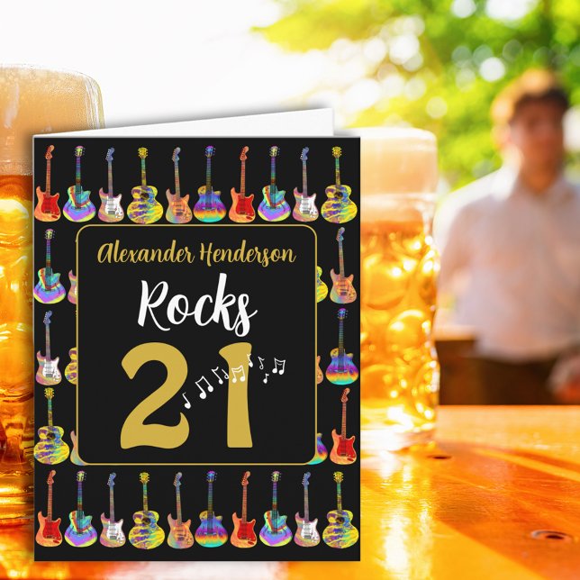 Carte Retro Guitare 21e Anniversaire Noir et Or (Guitar 21st birthday black and gold personalized retro groovy pop art greeting card)