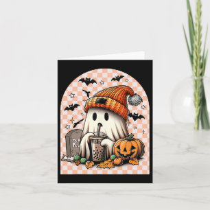 Carte Retro Halloween Cute Ghost Boire Citrouille de caf
