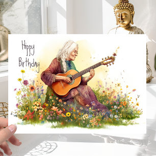 Carte Retro Hippie Girl 60s Flower Power - Anniversaire 