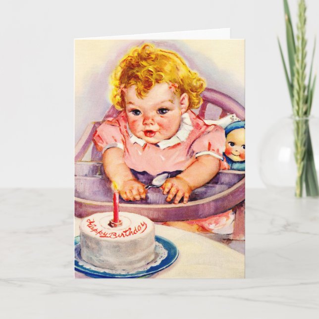 Carte Retro Joyeux Anniversaire, mignonne Petite Fille B (Devant)