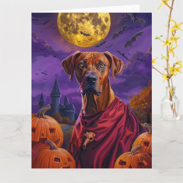 Carte Rhodesian Ridgeback Vampire Citrouilles Halloween (Fleur jaune)