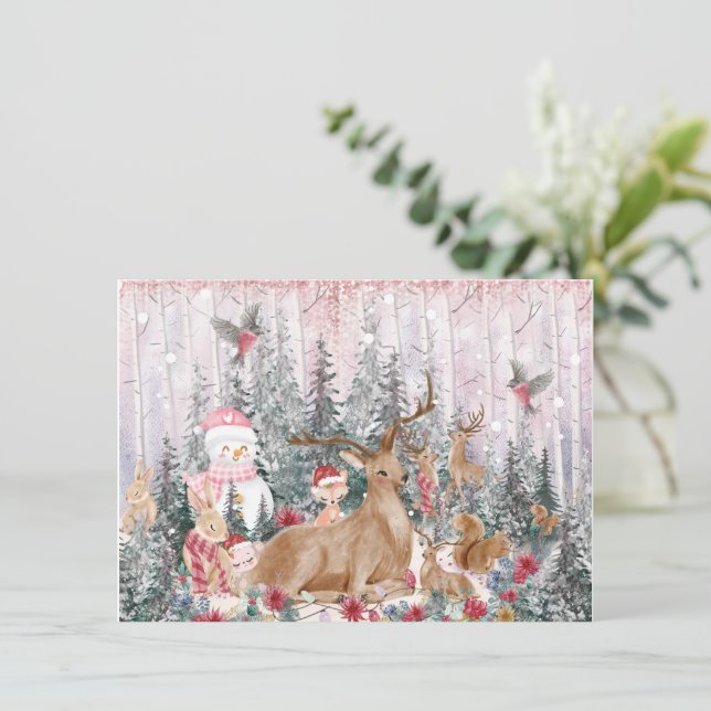 Carte Rinder d'aquarelle rose, Snowman Joyeux Noël (Debout devant)