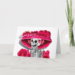 Carte Rire Skeleton Woman dans Red Bonnet