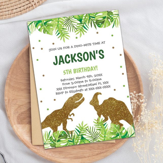 Carte Roarsome Party pour garçons ou filles (Green Glitter Dinosaur Birthday Invitations)