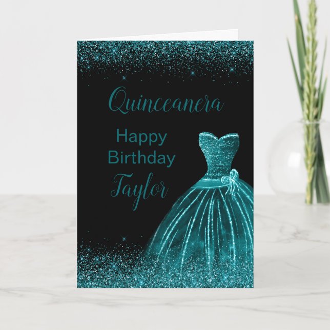 Carte Robe Fausse Paillette Bleu Sarcelle Quinceanera (Devant)