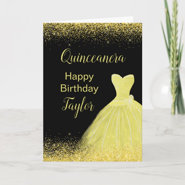 Carte Robe jaune vif de Quinceanera fausse brillance (Devant)