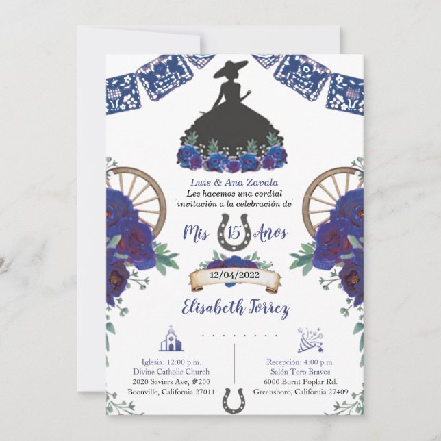 Carte Robe Noire Bleue Charra Invitation, Charro Mexicai (Devant)