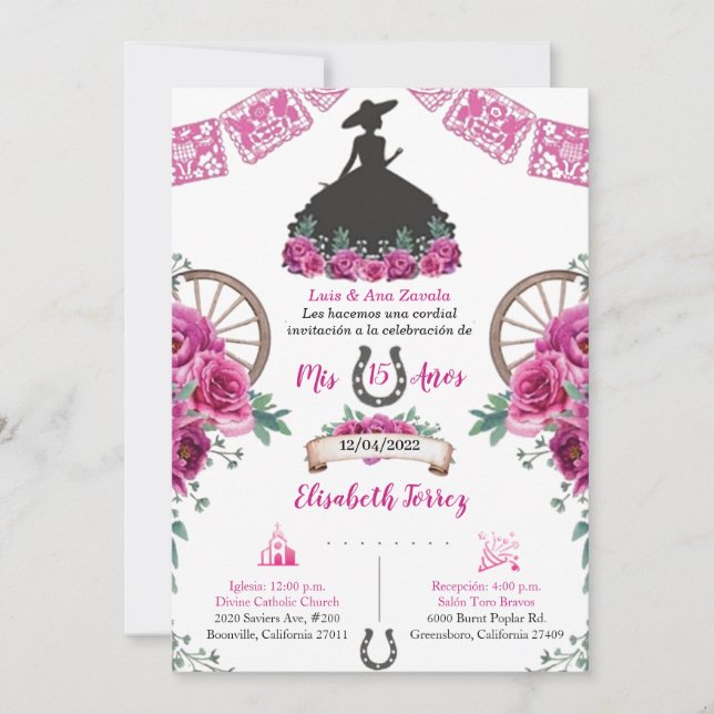 Carte Robe rose Noir Charra Invitation, Charro Mexicaine (Devant)