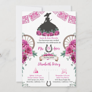 Carte Robe rose Noir Charra Invitation, Charro Mexicaine