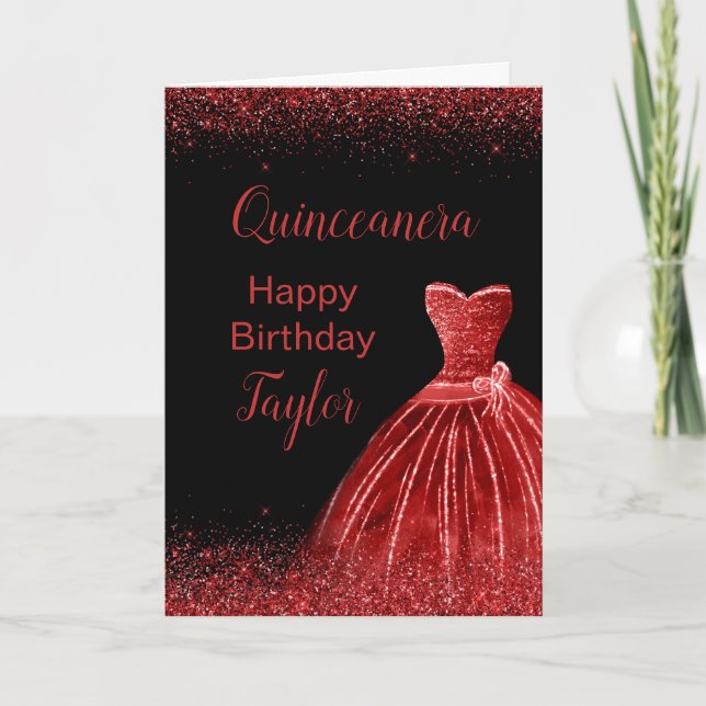 Carte Robe rouge vif Faux Parties scintillant Quinceaner (Devant)