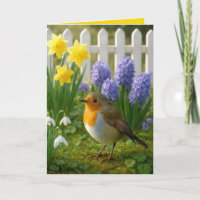 Robin d'anniversaire dans un jardin printanier