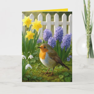 Carte Robin d'anniversaire dans un jardin printanier