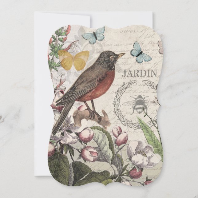 Carte Robin Elegant Bird Butterfly French Art (Devant)