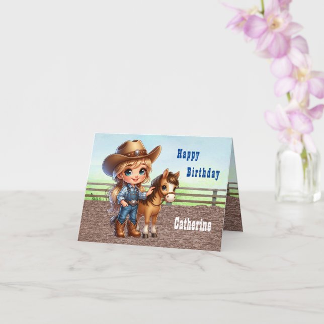 Carte Rodéo Occidentale Petite Cowgirl Avec Cheval Anniv (Orchidée)