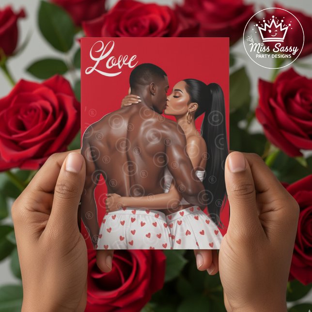 Carte Romantic Black Couple Valentine’s Day (Celebrate love with a Black couple in a tender embrace, perfect for Valentine’s or anniversaries.)