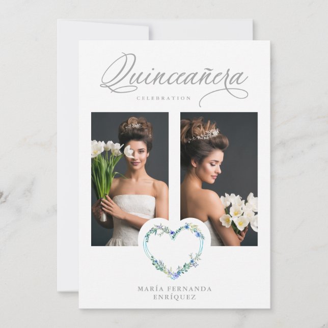 Carte Romantic Blue Shades Floral Heart Photo XV años (Devant)
