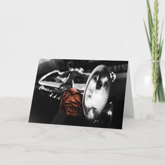 Carte Romantic Brass, cornet and red rose greetings card (Devant)