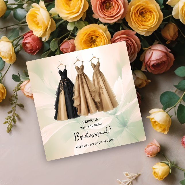 Carte Romantic Chic Three Bridesmaid Dresses Proposal (Romantic Chic Three Elegant Natural Bridesmaid Dresses Proposal Cards.)