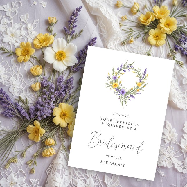 Carte Romantic Minimal Yellow Lavender Wreath Bridesmaid (Romantic Minimalist Wedding Yellow & Lavender Wreath Bridesmaid Proposals Cards.)