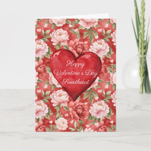Carte Romantic Red Heart Pink Floral Valentine's Day (Devant)