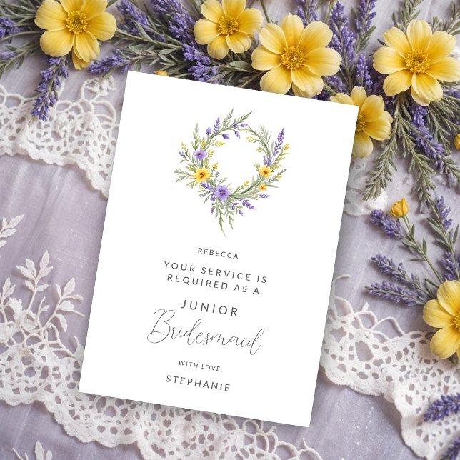 Carte Romantic Yellow Lavender Wreath Junior Bridesmaid (Romantic Minimalist Wedding Yellow & Lavender Wreath Junior Bridesmaid Proposals Cards.)