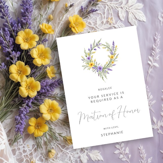 Carte Romantic Yellow Lavender Wreath Maid of Honor (Romantic Minimalist Wedding Yellow & Lavender Wreath Maid of Honor Proposals Cards.)