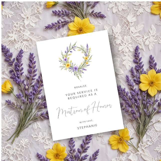 Carte Romantic Yellow Lavender Wreath Matron of Honor (Romantic Minimalist Wedding Yellow & Lavender Wreath Matron of Honor Proposals Cards.)