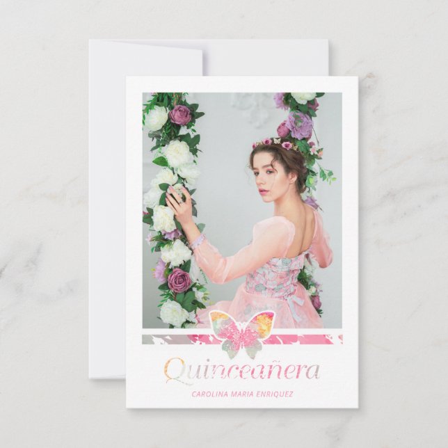 Carte Romántica Foto Quinceañera con Mariposa Español (Devant)
