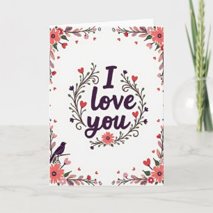 Carte romantique « Je t'aime » avec couronne flora