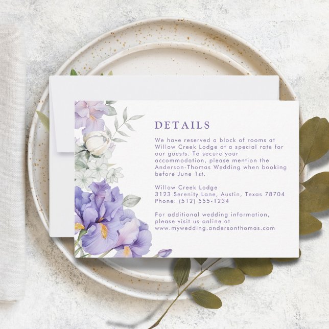 Carte Romantique violet Iris Floral Mariage Détail (Romantic Purple Iris Floral Wedding Details Card)