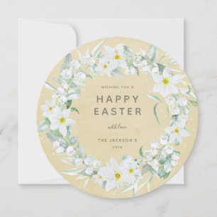 Carte ronde blanche florale Happy Pâques Plat Card