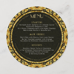 Carte ronde de menu de mariage Deco d'or tribal de