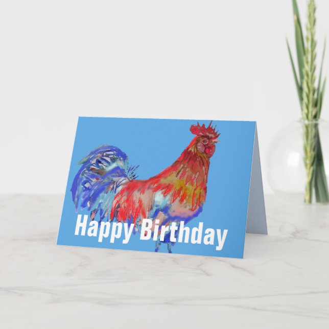 Carte Rooster bleu rouge Aquarelle Poulet Coq oiseaux (Devant)